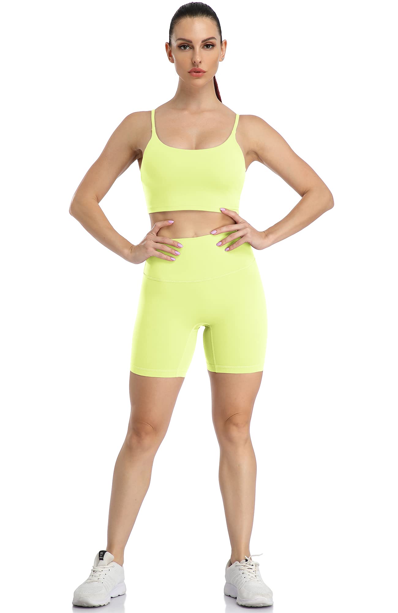 icyzone Workout Sports Bra for Women - Padded Wirefree Mid Impact Bras Top for Gym Yoga (M, Neon Orange/Green)