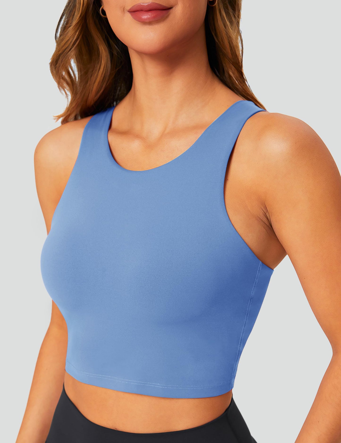 BAYDI Longline Sports Bra High Neck Crop Top with Built in Bra Racerback Tank Tops Removable Padded Yoga Tops Blue