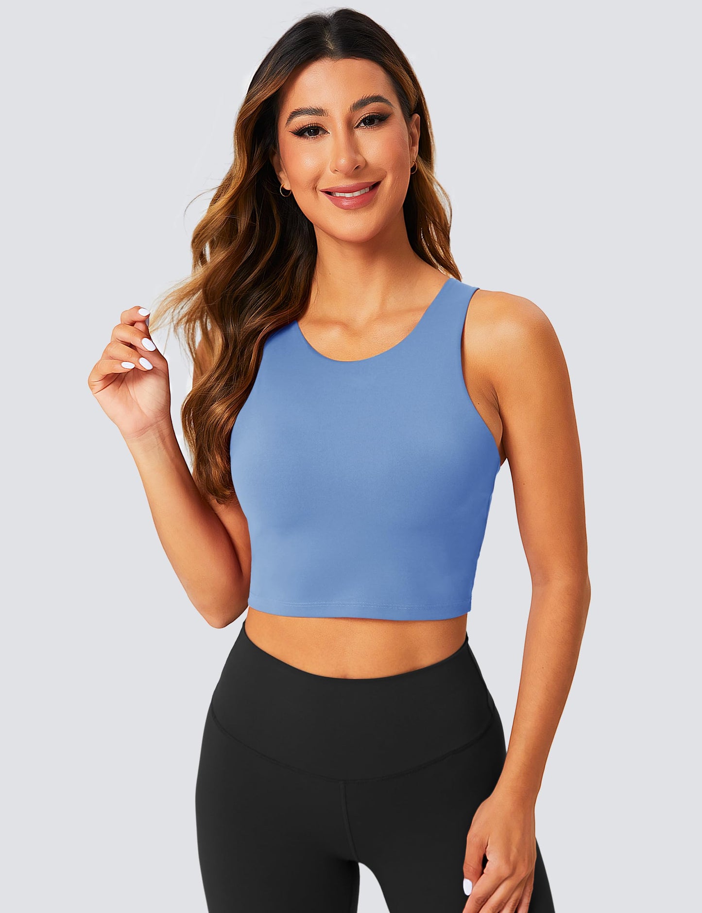 BAYDI Longline Sports Bra High Neck Crop Top with Built in Bra Racerback Tank Tops Removable Padded Yoga Tops Blue