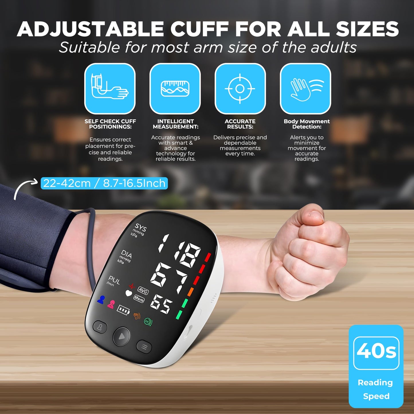 Blood Pressure Monitors with Mobile Connectivity & LED Backlight Display Heart Rate Detection 2x120 Records Automatic Upper Arm Blood Pressure Monitor for Home Use Large Blood Pressure Cuff 22-42cm
