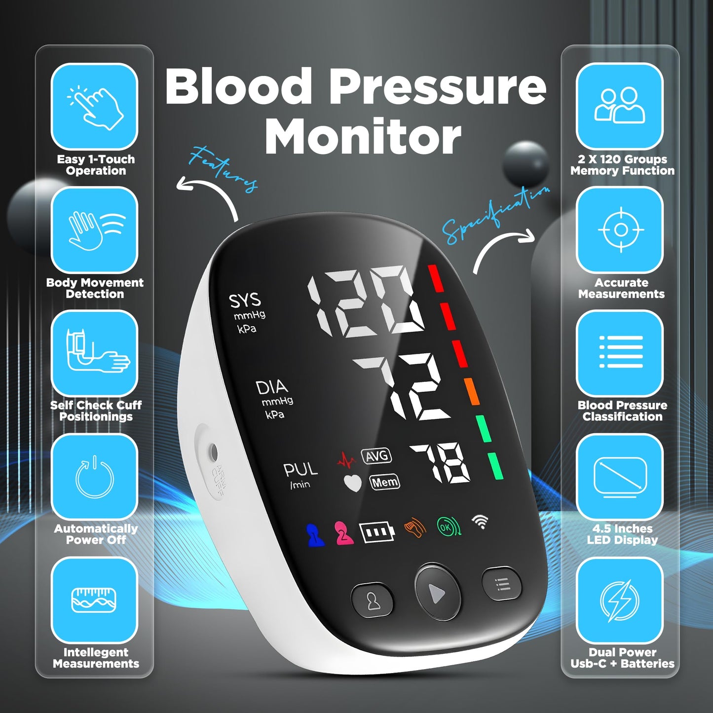 Blood Pressure Monitors with Mobile Connectivity & LED Backlight Display Heart Rate Detection 2x120 Records Automatic Upper Arm Blood Pressure Monitor for Home Use Large Blood Pressure Cuff 22-42cm