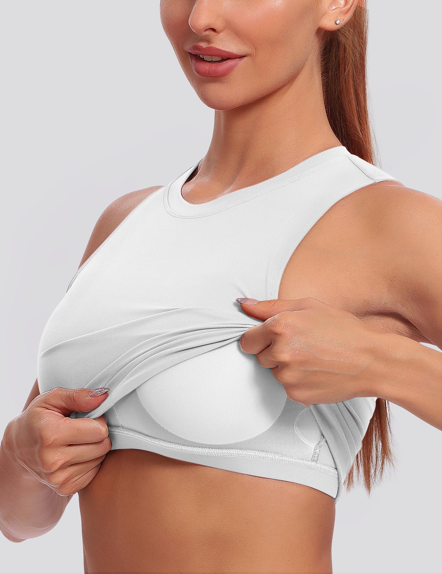 BAYDI Sports Bra Removable Padded Crop Tops High Neck Tank Tops with Built in Bra Longline Yoga Workout Top White