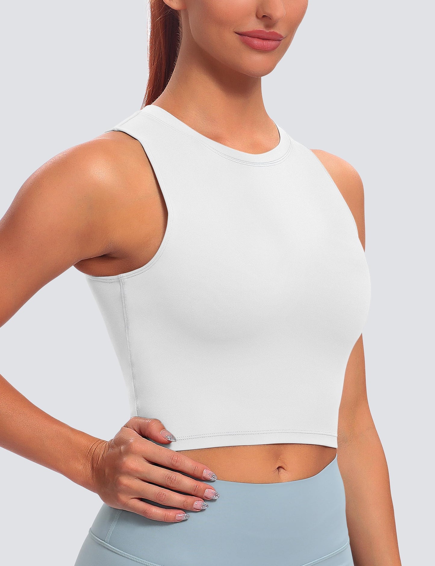 BAYDI Sports Bra Removable Padded Crop Tops High Neck Tank Tops with Built in Bra Longline Yoga Workout Top White