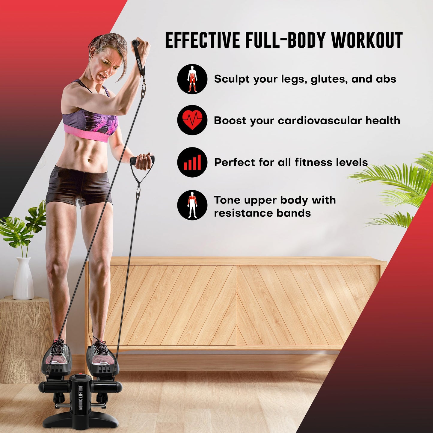 Steppers With Resistance Bands Set - Step Machine Exerciser for Home, Up-Down Stepper with LCD Monitor and Non-Slip Pedal - Perfect For Full Body Training - by Nordic Lifting