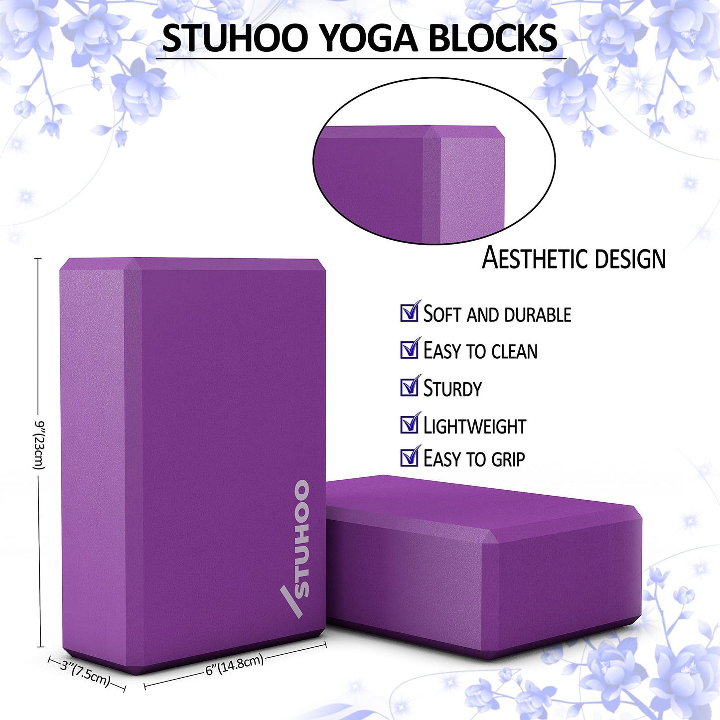 STUHOO Yoga Block Set – 2 EVA Foam Blocks & Strap + E-Book | Lightweight, Sturdy Support for Poses, Strength & Stability