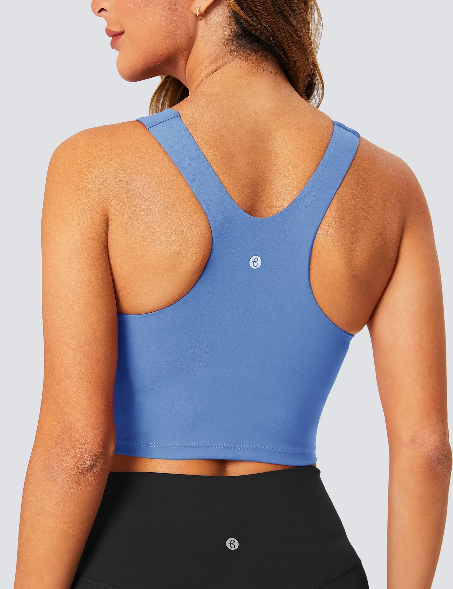 BAYDI Longline Sports Bra High Neck Crop Top with Built in Bra Racerback Tank Tops Removable Padded Yoga Tops Blue