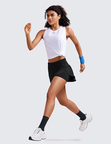 CRZ YOGA Women's 2 in 1 Running Shorts High Waisted Quick Dry Shorts Sports Tennis Gym Workout Shorts with Pocket Black 10