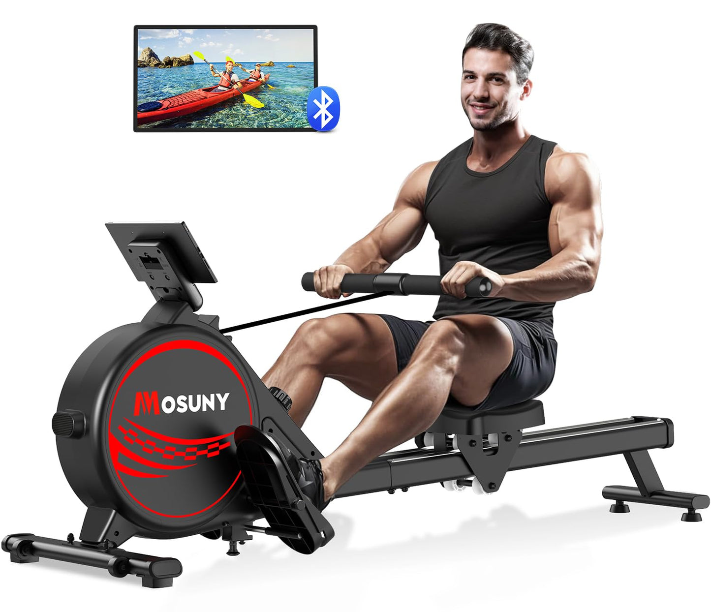 Rowing Machine, MOSUNY Magnetic Rowing Machines for Home Gym with 16 Levels Resistance, Maximum Load of 350 LB, Upgrade to Double Slide Rails, App Supported, Vertical Storage