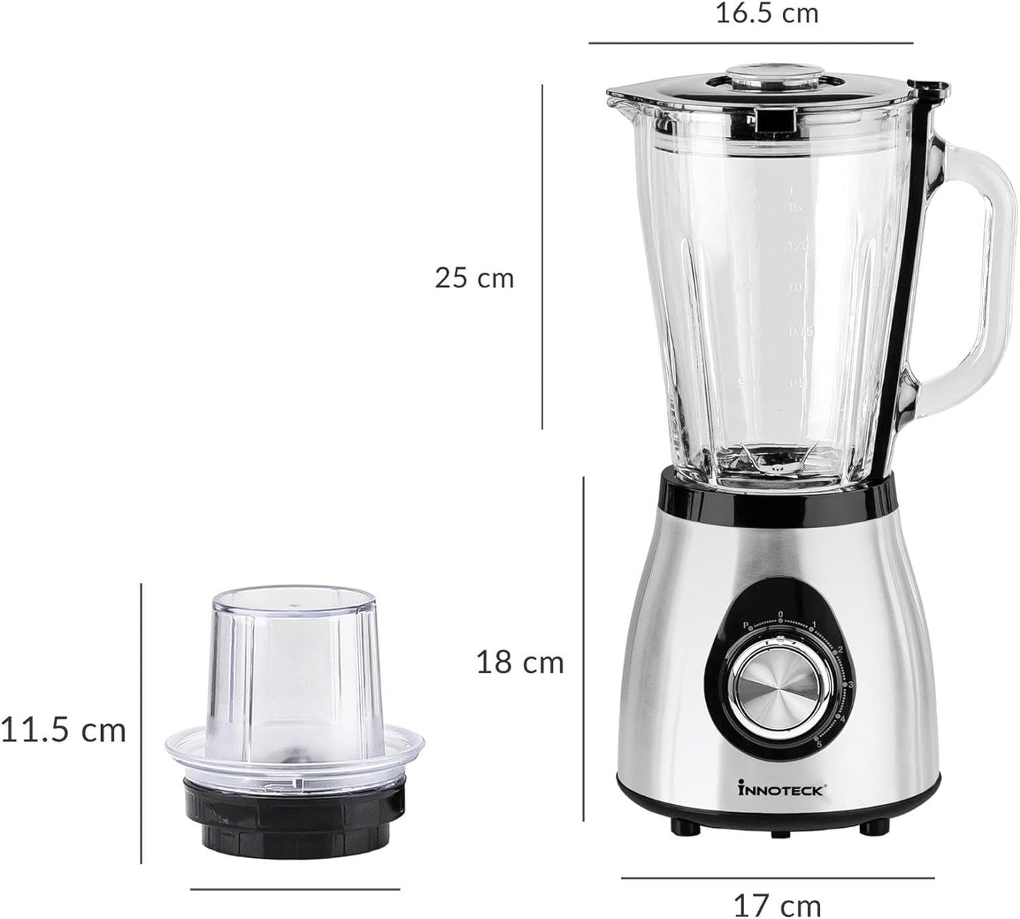 Innoteck Kitchen Pro Blender, 500W, 1.5L glass jar, 5 speeds + pulse, stainless steel blades, grinder & mill, black.