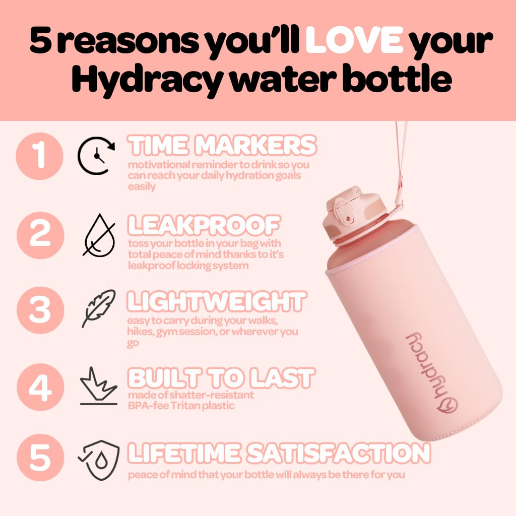 Hydracy 2L Water Bottle – BPA-Free, Leak-Proof, Time Marker & No-Sweat Sleeve | Includes Fruit Infuser | Perfect for Gym, Sports & Outdoors