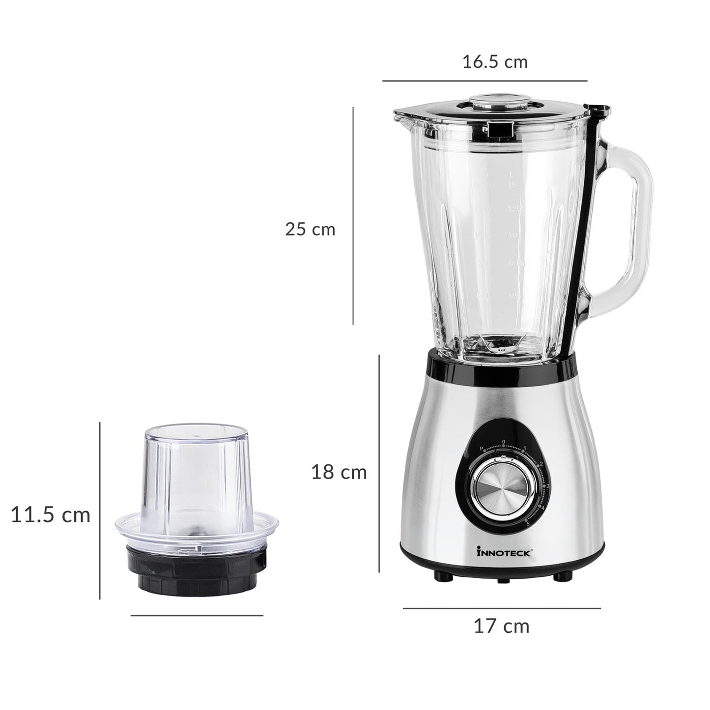 Innoteck Kitchen Pro Blender, 500W, 1.5L glass jar, 5 speeds + pulse, stainless steel blades, grinder & mill, black.