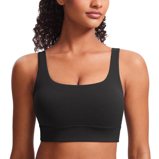 CRZ YOGA Womens ButterLuxe U Back Sports Bra - Padded Low Impact Crop Top Workout Yoga Sport Bra Black XS