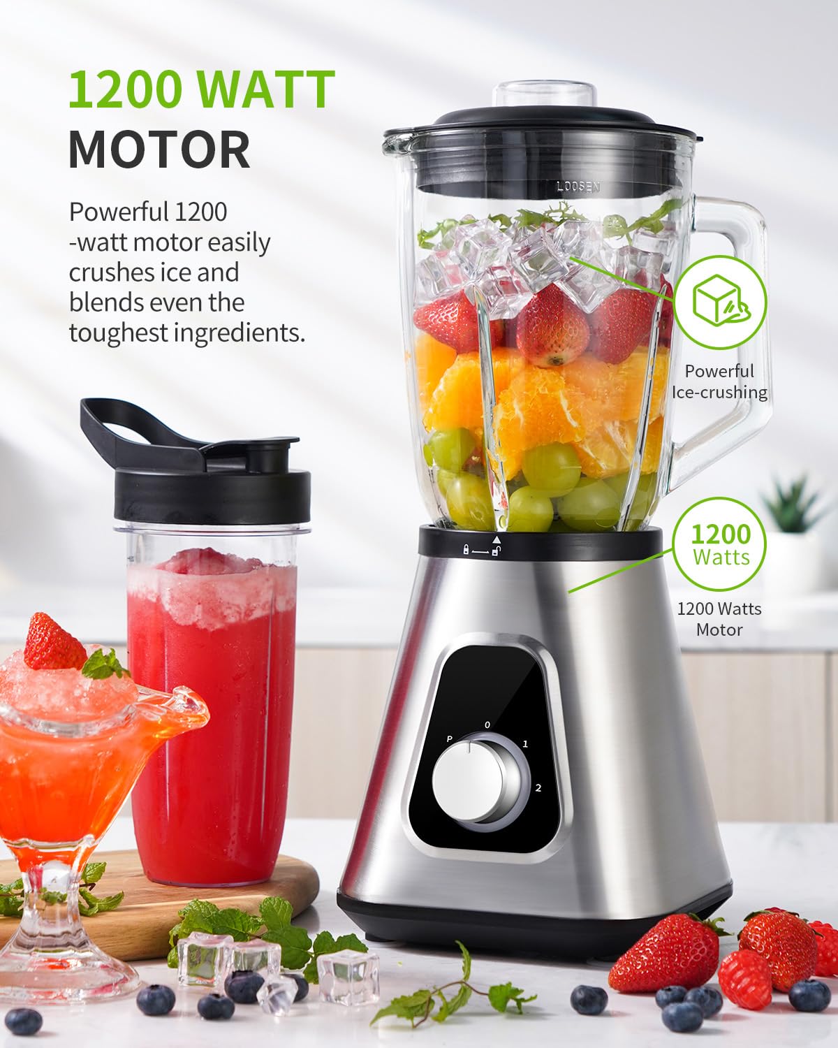 GDOR 1200W Blender 2-in-1 blender with 1.5L jug & 650ml cup. 3 speeds, perfect for smoothies, shakes, ice, and sauces. Powerful 1200W motor. Silver.