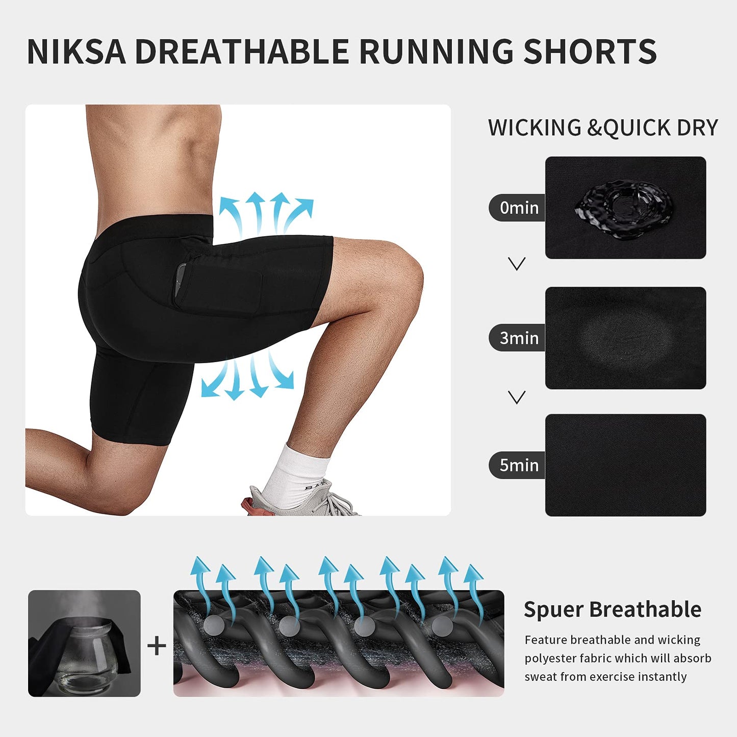 Niksa 3-Pack Men's Compression Shorts with Phone Pockets, Breathable Base Layer for Running, Cycling, Gym