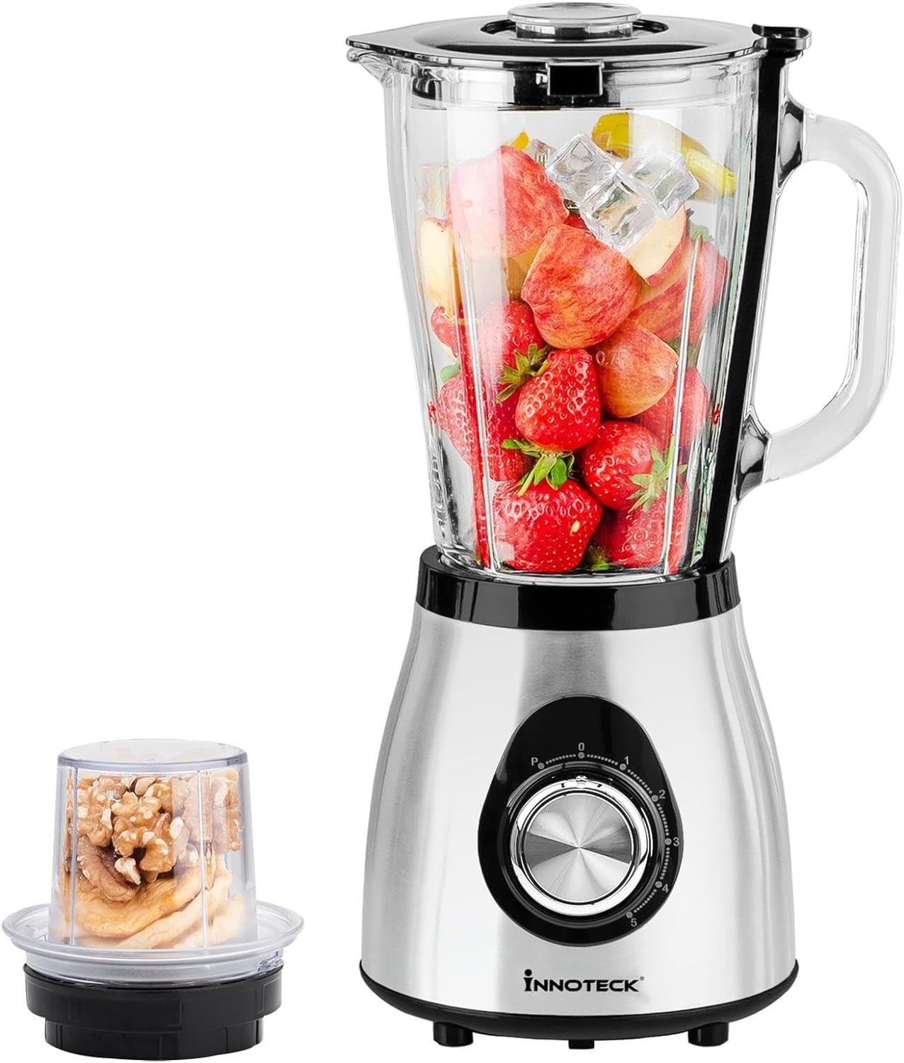 Innoteck Kitchen Pro Blender, 500W, 1.5L glass jar, 5 speeds + pulse, stainless steel blades, grinder & mill, black.