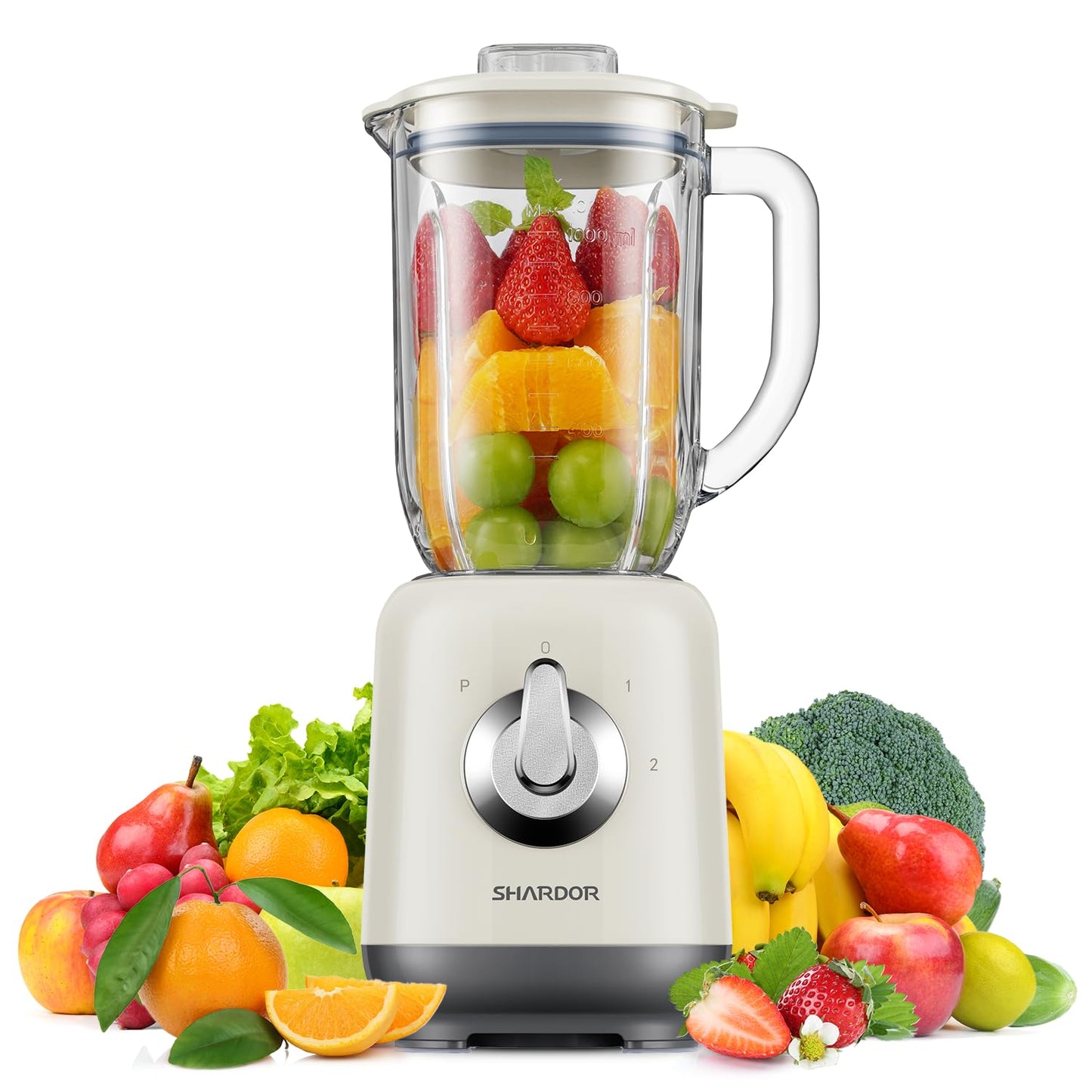 SHARDOR Blender, 1L glass jug, 6 stainless steel blades, 2 speeds + pulse, ice crush, black.