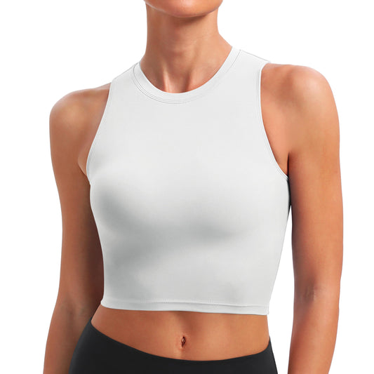 BAYDI Sports Bra Removable Padded Crop Tops High Neck Tank Tops with Built in Bra Longline Yoga Workout Top White