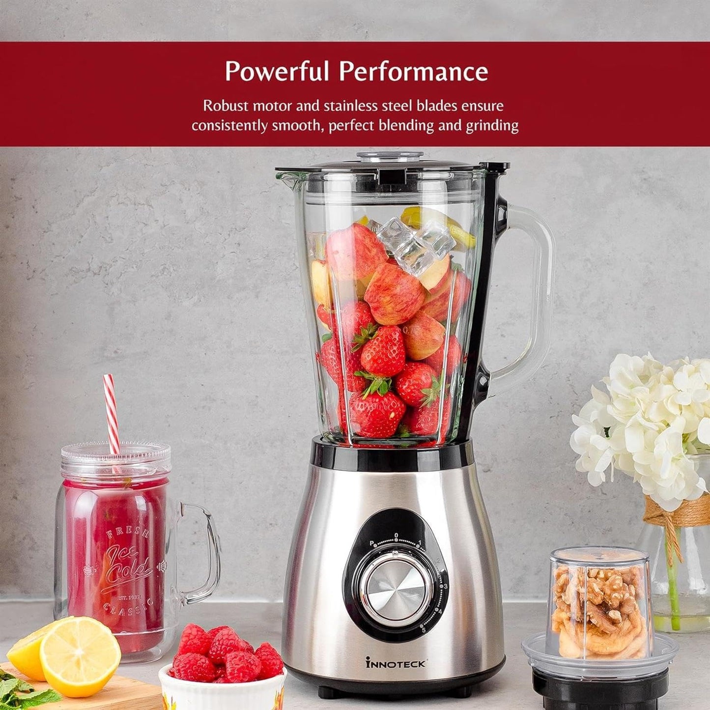 Innoteck Kitchen Pro Blender, 500W, 1.5L glass jar, 5 speeds + pulse, stainless steel blades, grinder & mill, black.