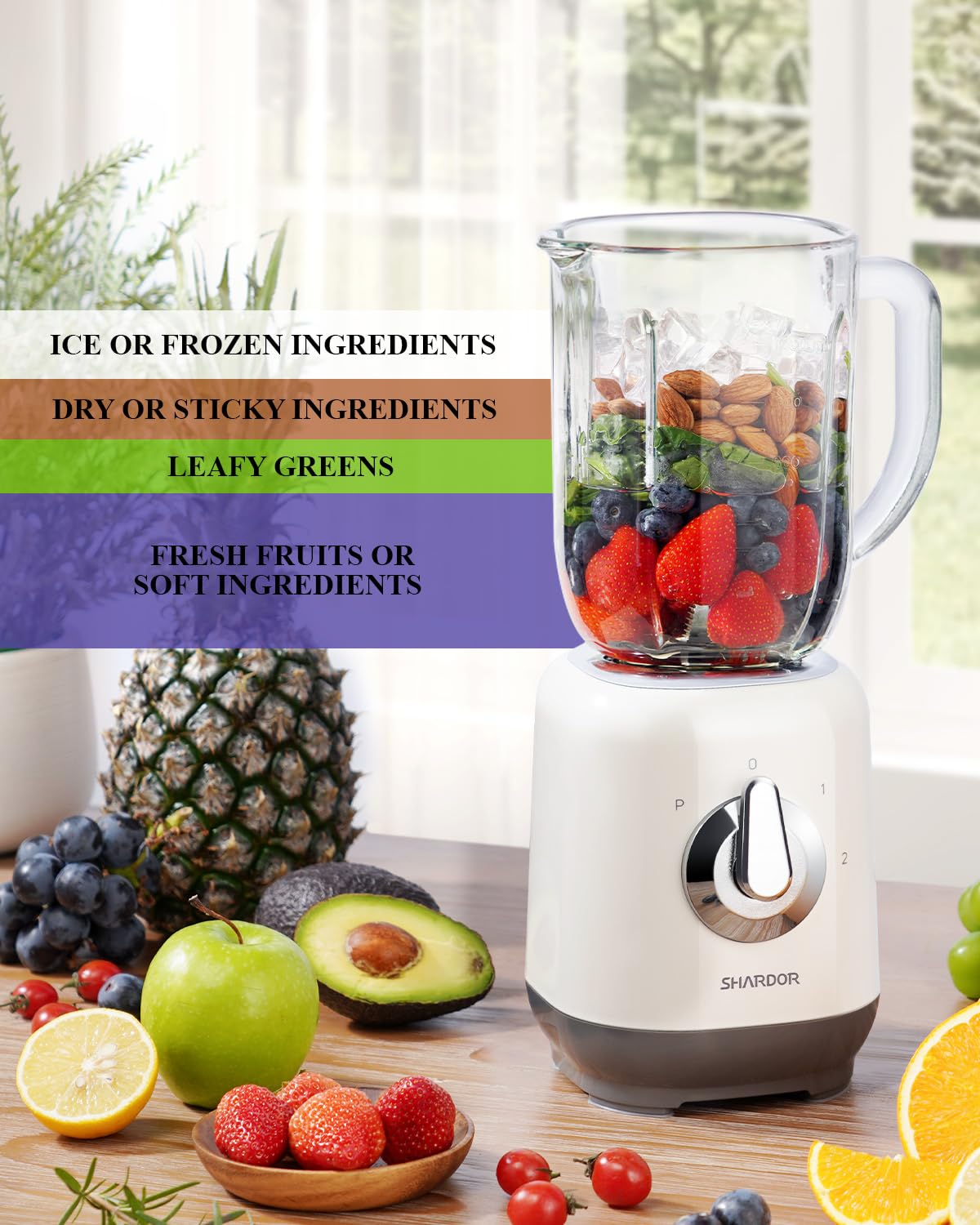 SHARDOR Blender, 1L glass jug, 6 stainless steel blades, 2 speeds + pulse, ice crush, black.