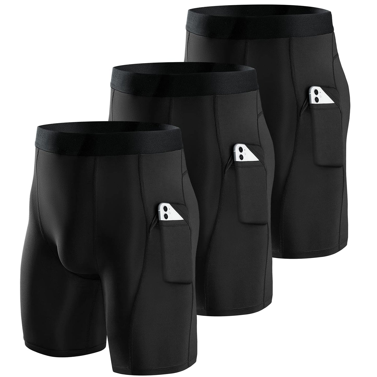 Niksa 3-Pack Men's Compression Shorts with Phone Pockets, Breathable Base Layer for Running, Cycling, Gym