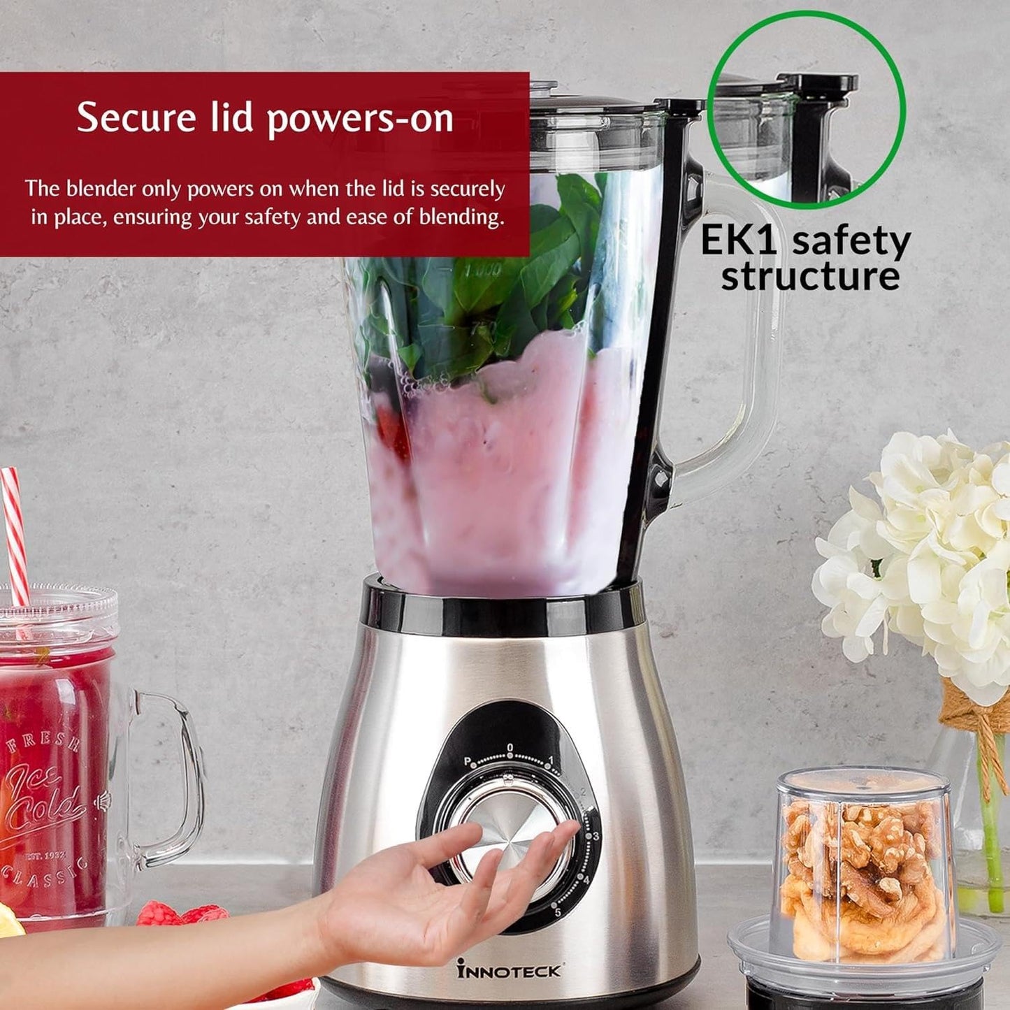 Innoteck Kitchen Pro Blender, 500W, 1.5L glass jar, 5 speeds + pulse, stainless steel blades, grinder & mill, black.