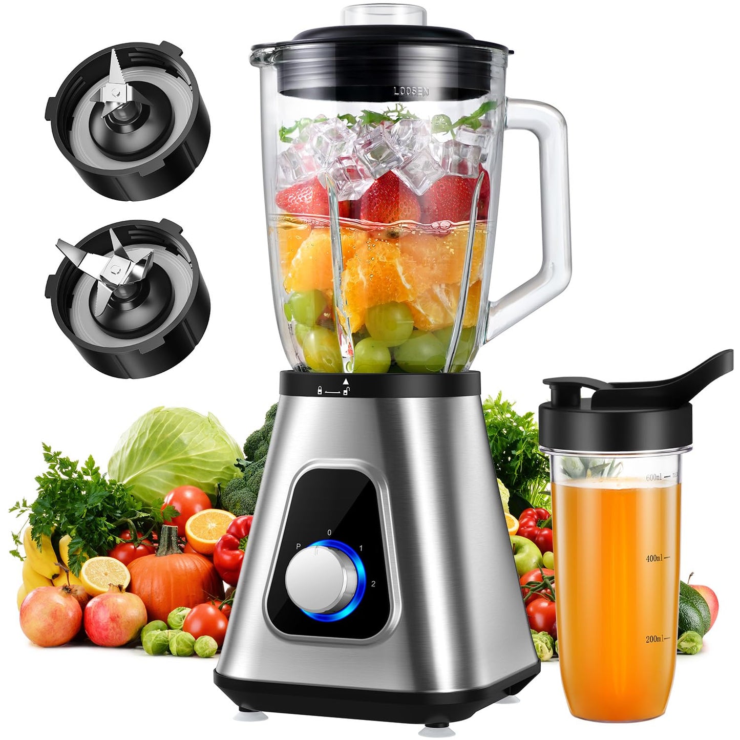 GDOR 1200W Blender 2-in-1 blender with 1.5L jug & 650ml cup. 3 speeds, perfect for smoothies, shakes, ice, and sauces. Powerful 1200W motor. Silver.