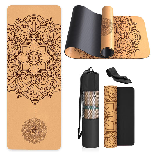 Cork Yoga Mat Non Slip Unique Design Natural Cork Tpe Material Fitness Exercise Mat with Carry Bag and Strap For Home, Pilates,Aerobic,Gym & Workout 72 X 24