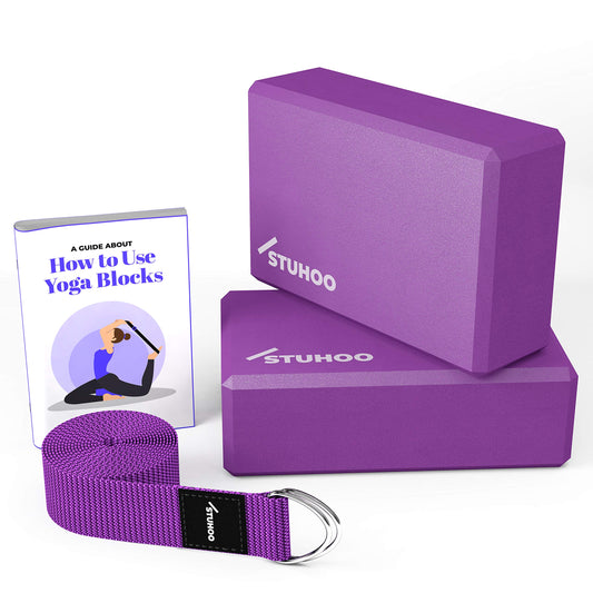 STUHOO Yoga Block Set – 2 EVA Foam Blocks & Strap + E-Book | Lightweight, Sturdy Support for Poses, Strength & Stability